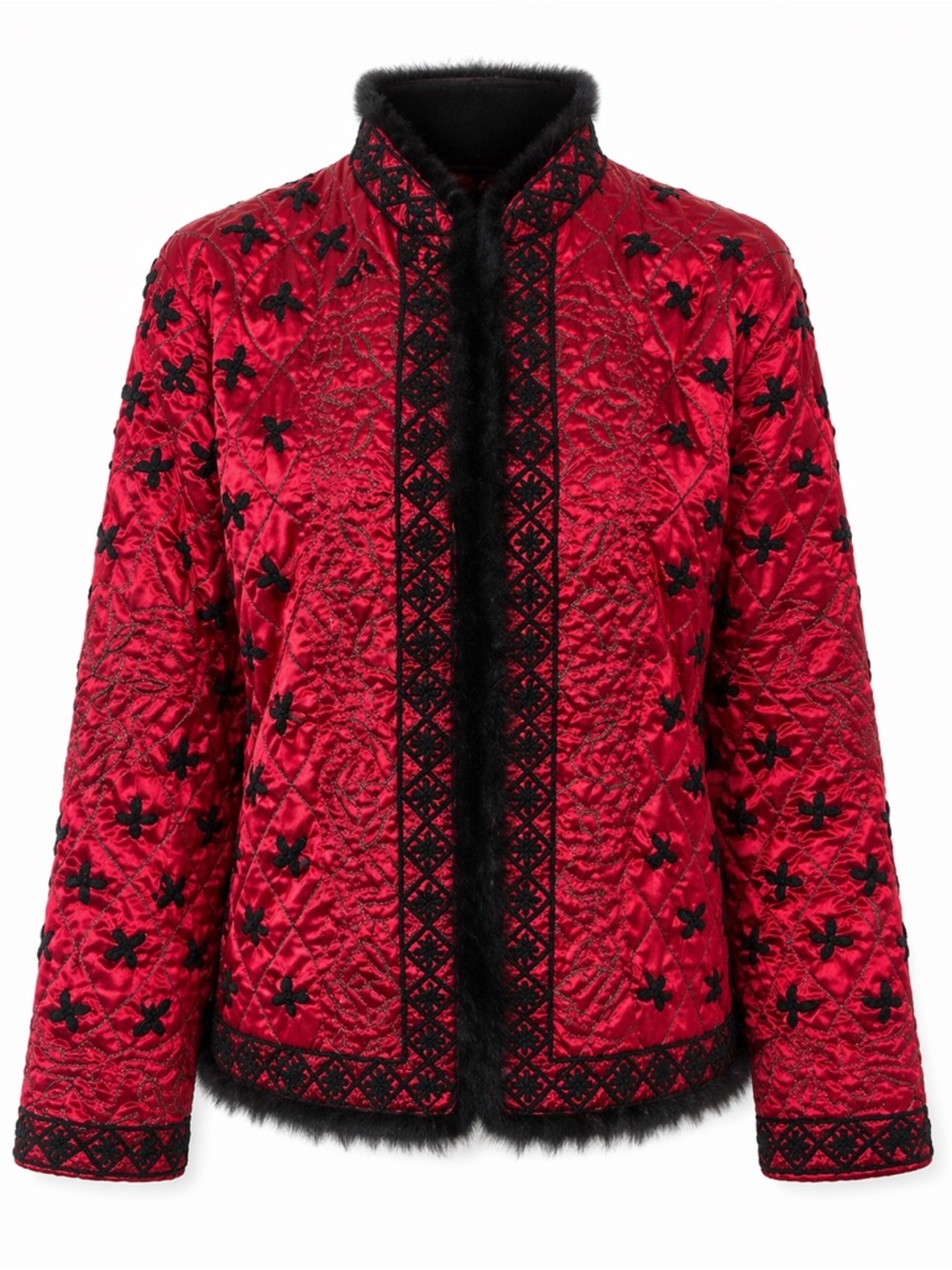 Vintage Mirasol Red Embroidered Teddy Jacket with Black Faux Fur Asian Style